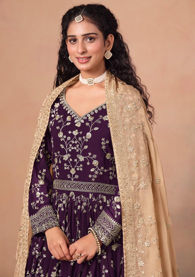 Purple Jacquard Faux Georgette Salwar Kameez With Dupatta - Indya