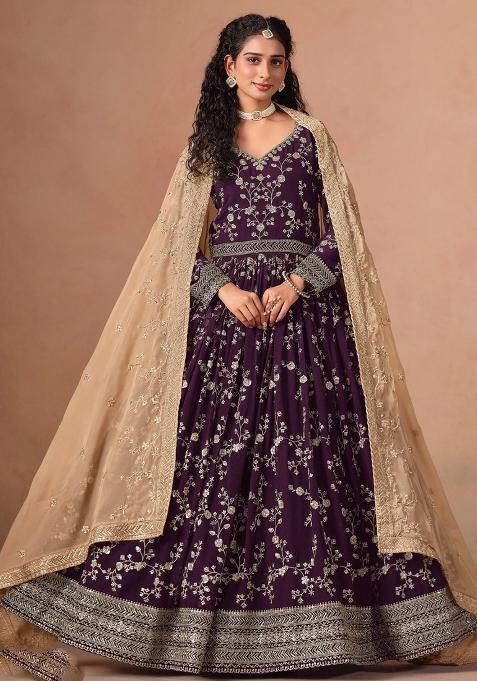 Purple Embroidered Georgette Anarkali Set
