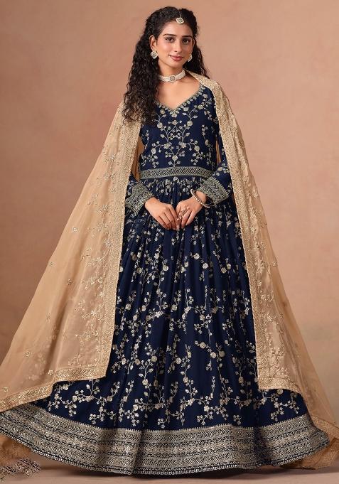 Navy Blue Jacquard Faux Georgette Salwar Kameez With Dupatta