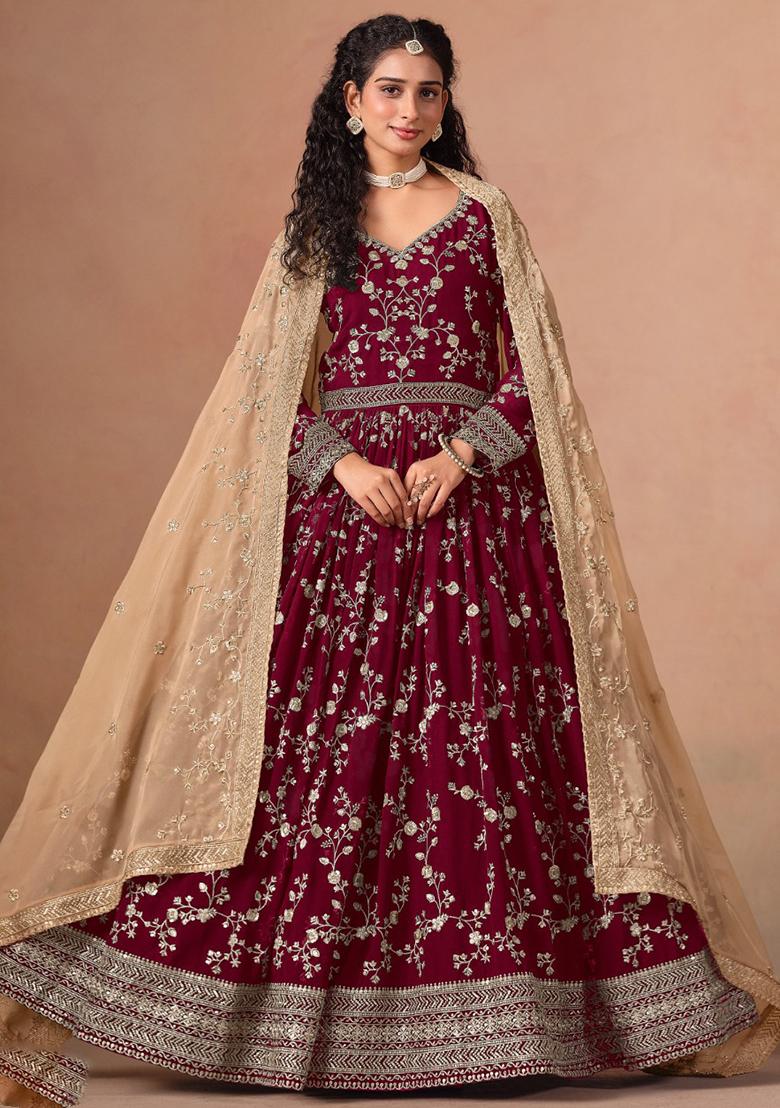 Red Jacquard Faux Georgette Salwar Kameez With Dupatta