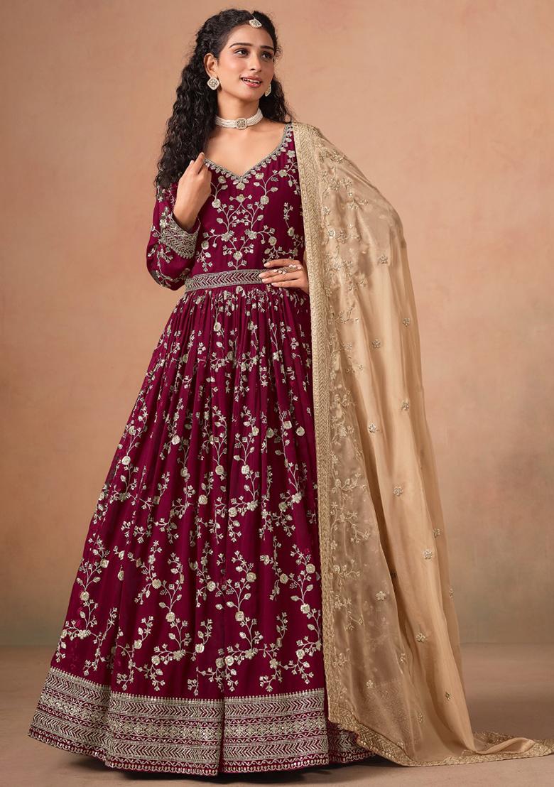 Red Jacquard Faux Georgette Salwar Kameez With Dupatta - Indya