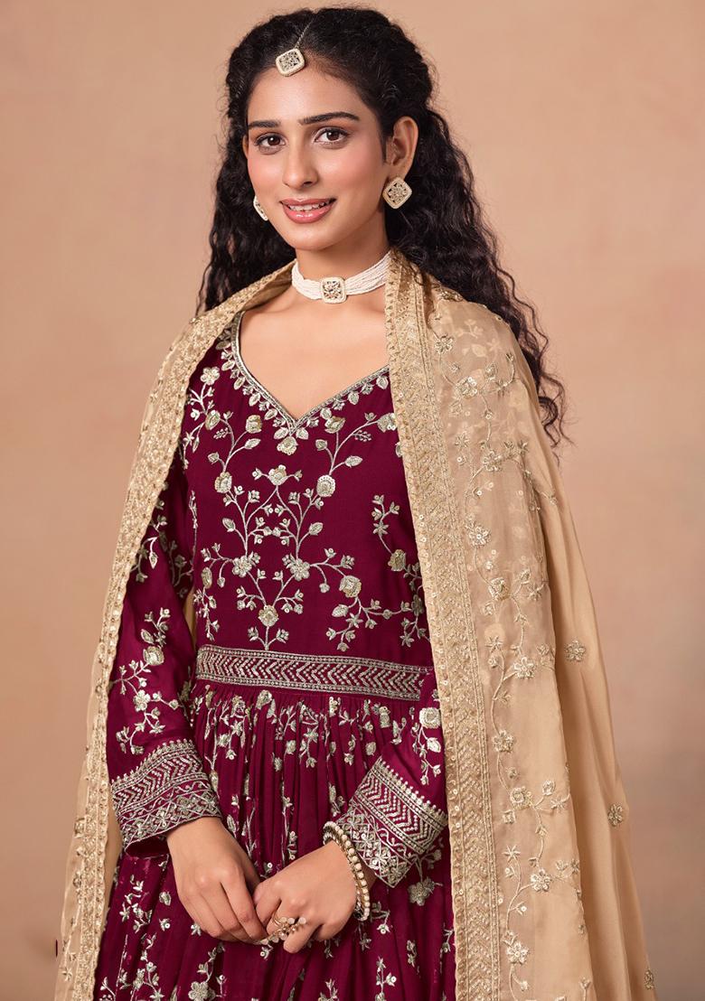 Red Jacquard Faux Georgette Salwar Kameez With Dupatta - Indya