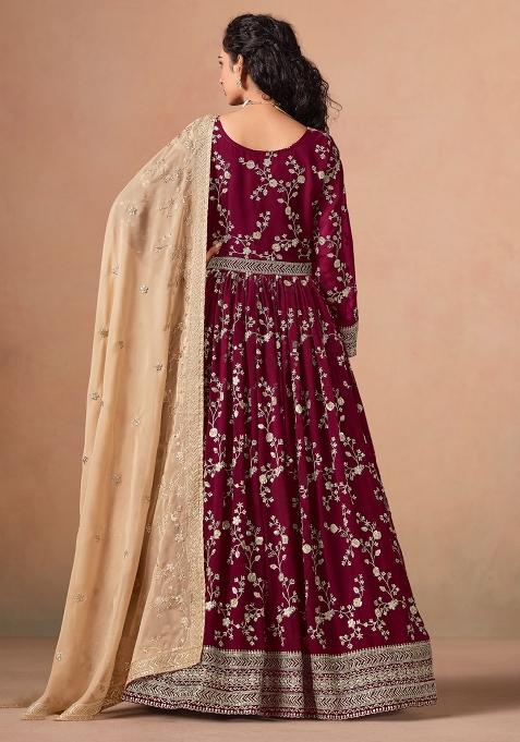 Red Jacquard Faux Georgette Salwar Kameez With Dupatta