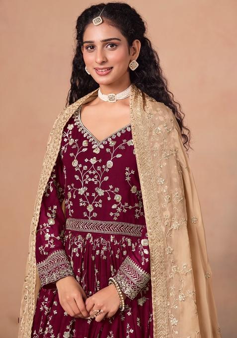 Red Jacquard Faux Georgette Salwar Kameez With Dupatta