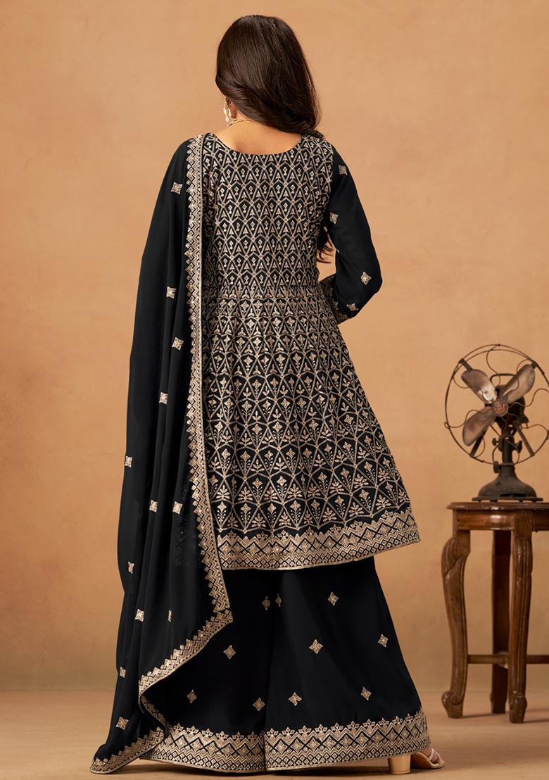 Black Embroidered Faux Georgette Salwar Kameez With Dupatta - Indya