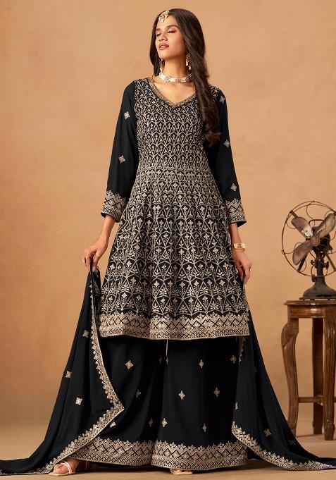 Black Embroidered Faux Georgette Salwar Kameez With Dupatta