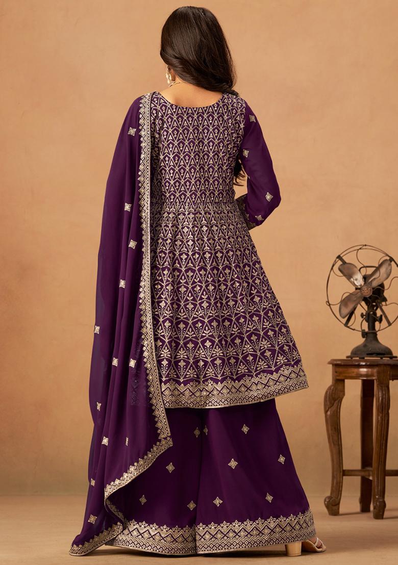Purple Embroidered Faux Georgette Salwar Kameez With Dupatta - Indya