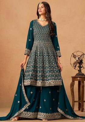 Teal Green Embroidered Faux Georgette Salwar Kameez With Dupatta
