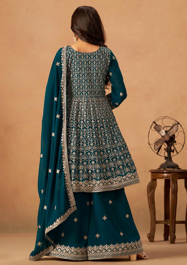 Teal Green Embroidered Faux Georgette Salwar Kameez With Dupatta - Indya
