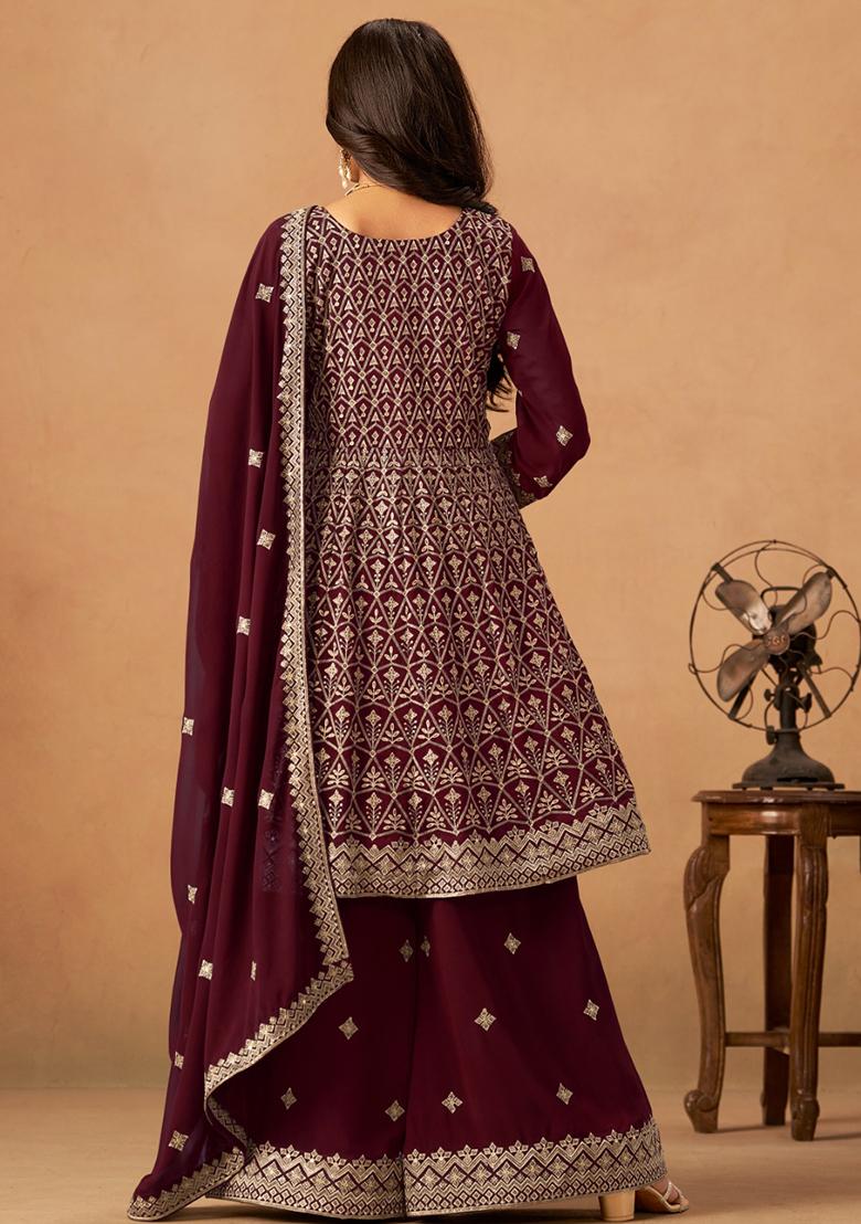 Maroon Embroidered Faux Georgette Salwar Kameez With Dupatta - Indya