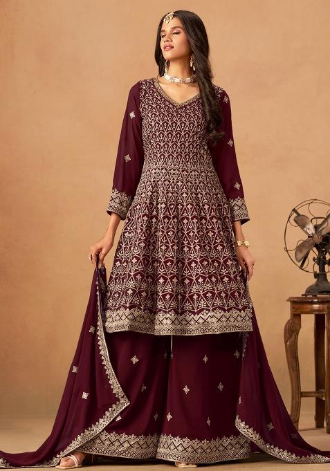 Maroon Embroidered Faux Georgette Salwar Kameez With Dupatta