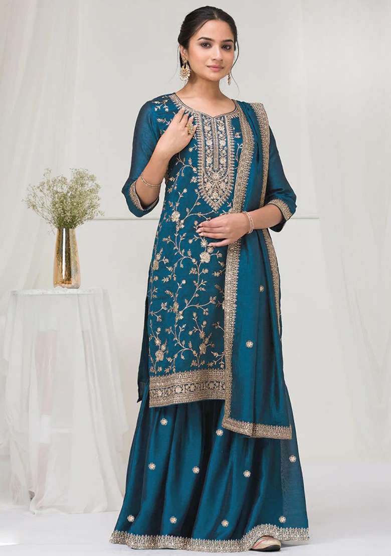 Teal Blue Embroidered Silk Blend Sharara Set - Indya