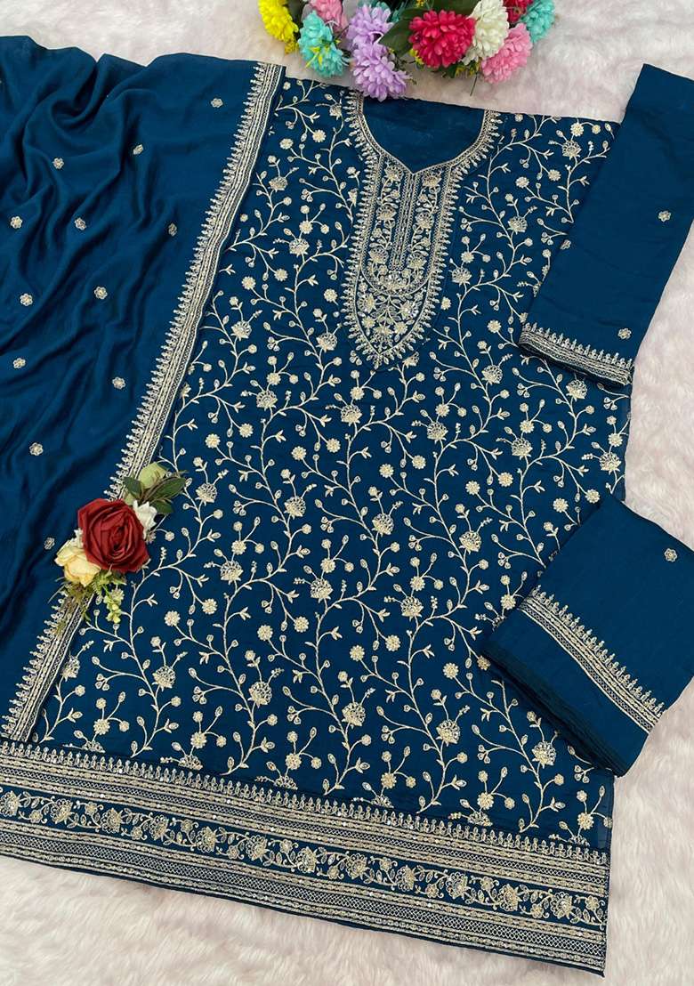 Teal Blue Embroidered Silk Blend Sharara Set - Indya