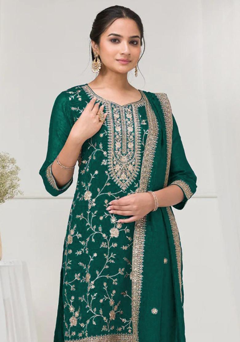 Emerald Embroidered Silk Salwar Kameez With Dupatta - Indya