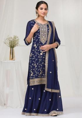 Navy Blue Embroidered Silk Salwar Kameez With Dupatta
