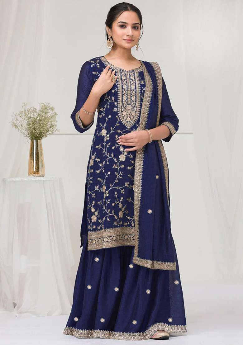 Navy Blue Embroidered Silk Blend Sharara Set - Indya