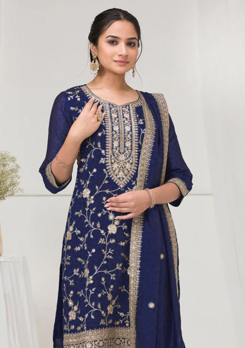 Navy Blue Embroidered Silk Salwar Kameez With Dupatta - Indya