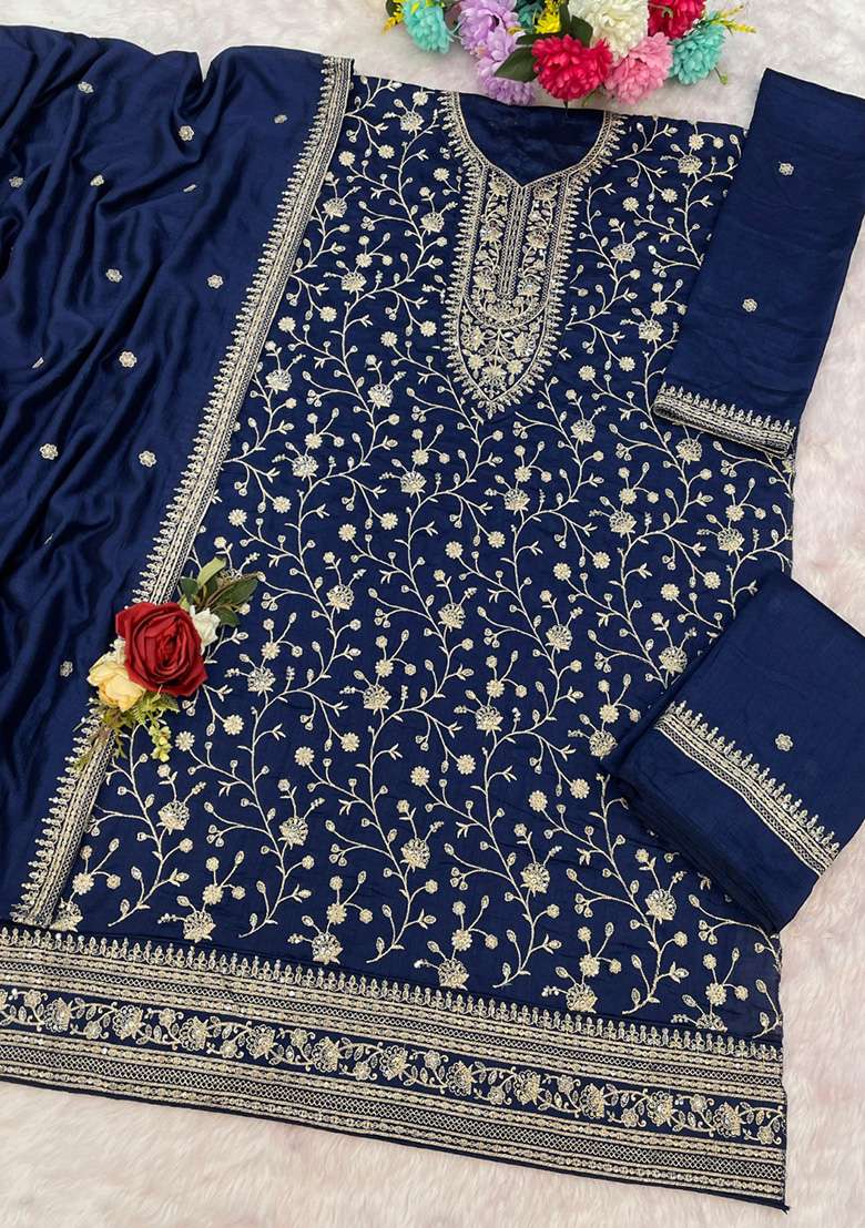 Navy Blue Embroidered Silk Blend Sharara Set - Indya
