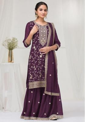 Wine Embroidered Silk Salwar Kameez With Dupatta
