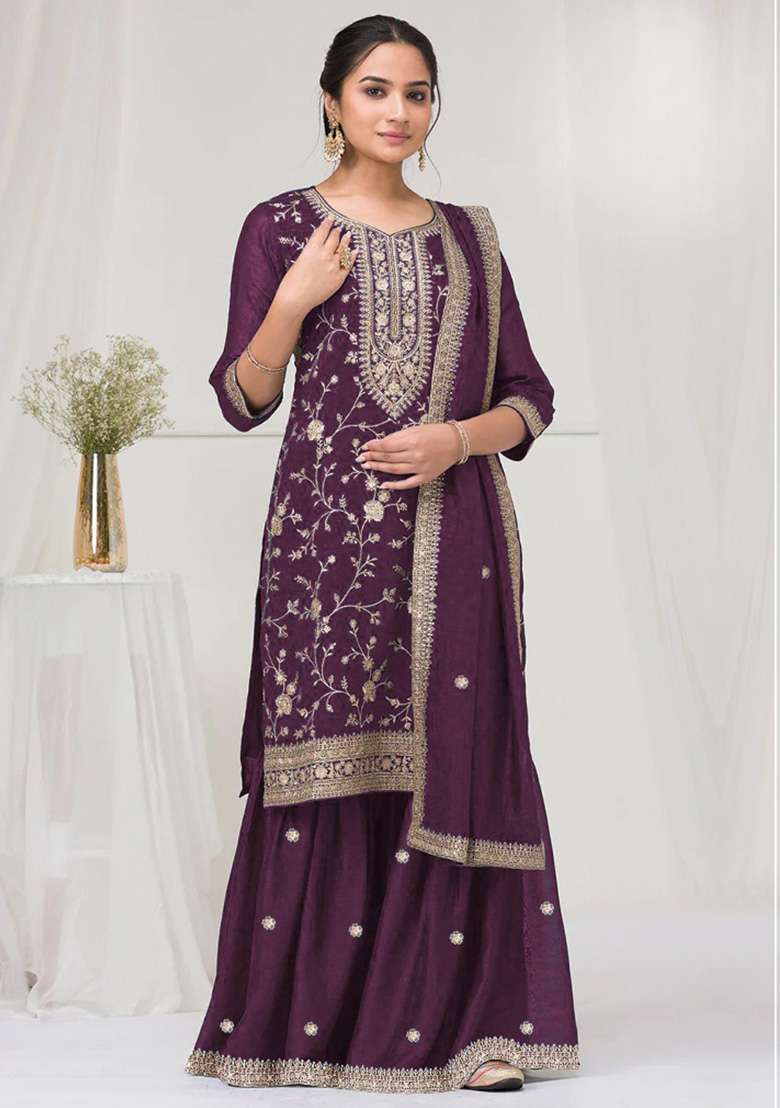 Wine Embroidered Silk Blend Sharara Set - Indya