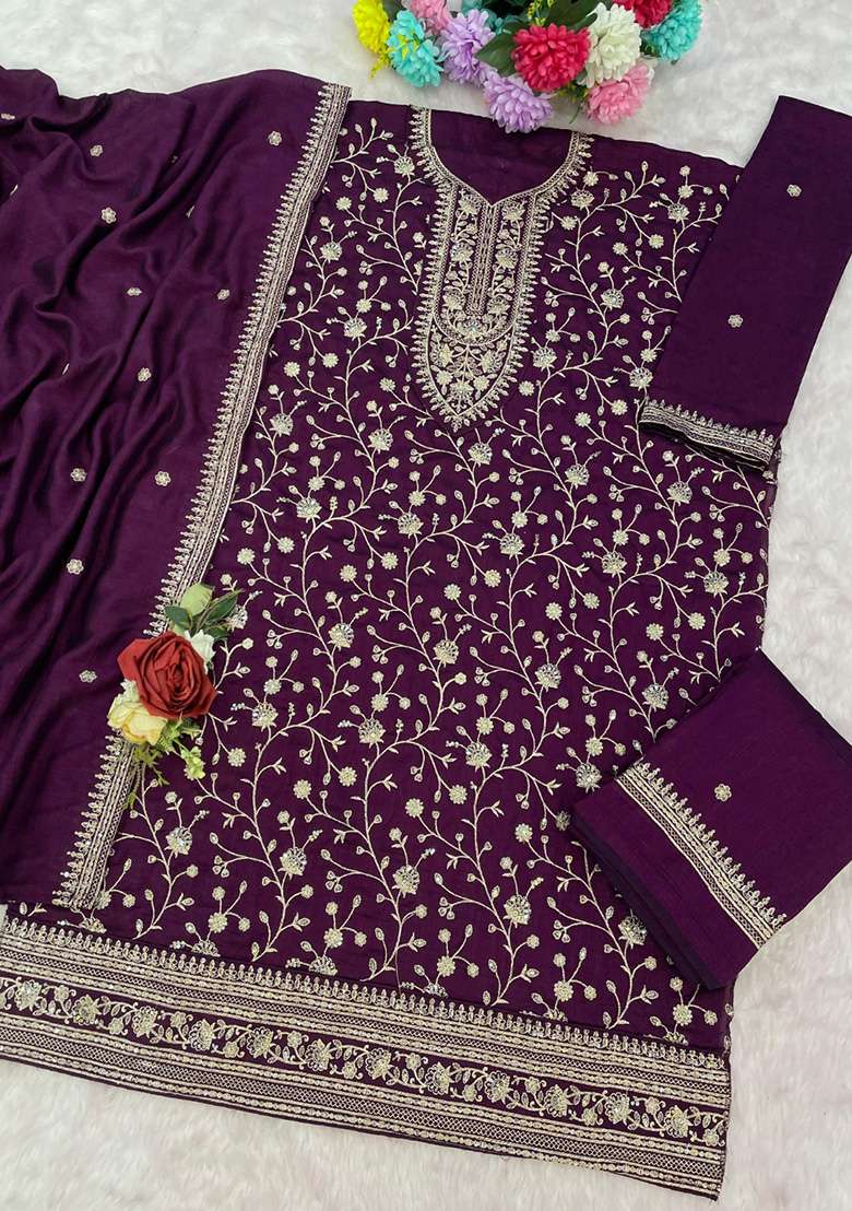 Wine Embroidered Silk Blend Sharara Set - Indya