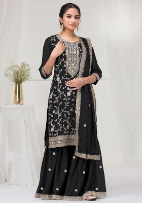 Black Embroidered Silk Salwar Kameez With Dupatta