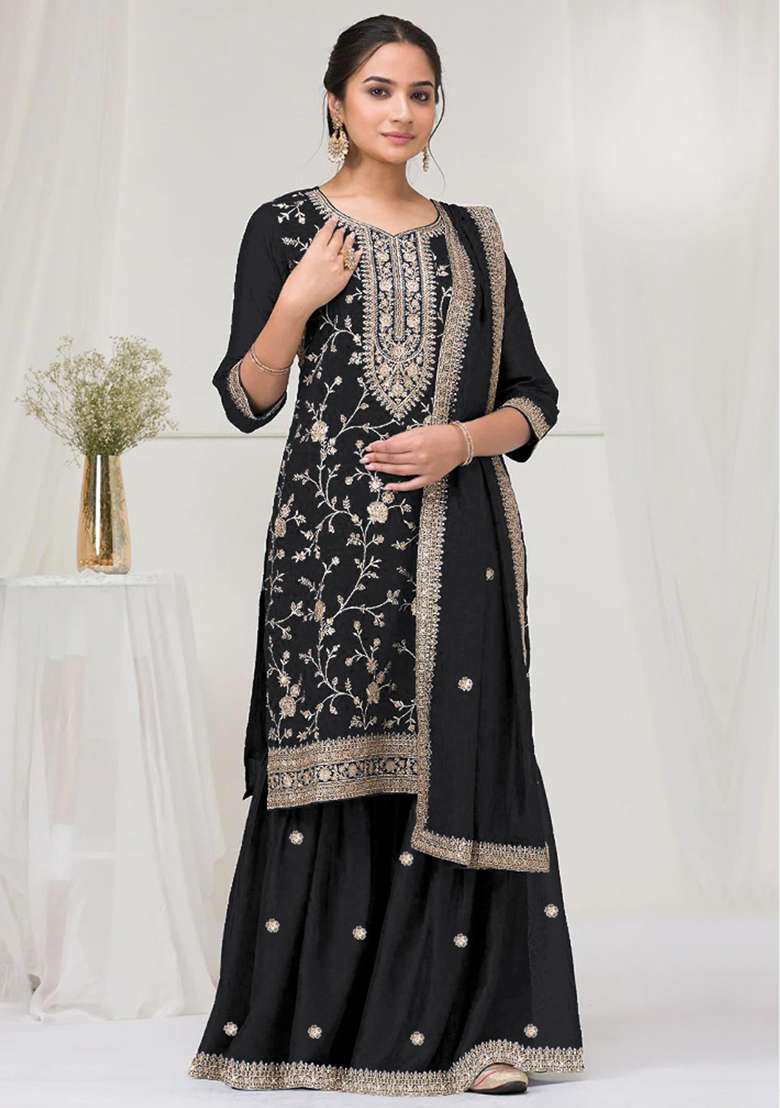 Black Embroidered Silk Blend Sharara Set - Indya