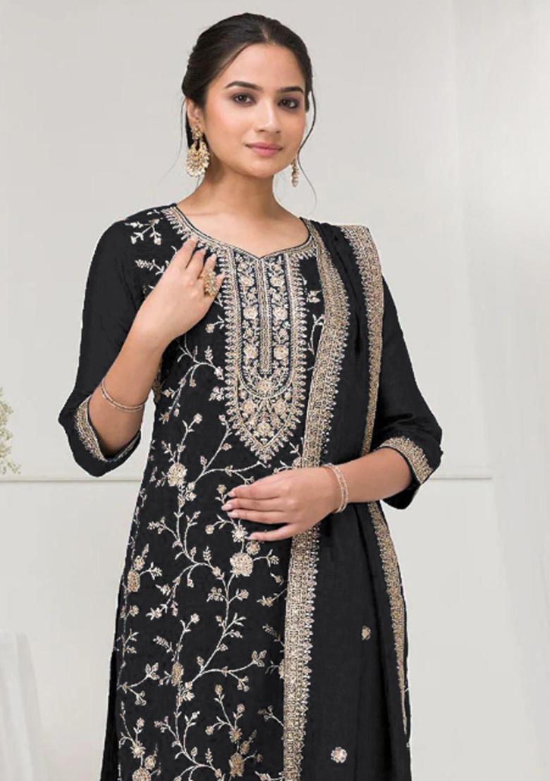Black Embroidered Silk Salwar Kameez With Dupatta - Indya
