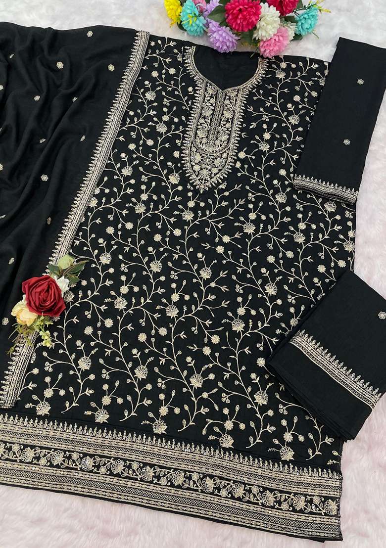 Black Embroidered Silk Blend Sharara Set - Indya