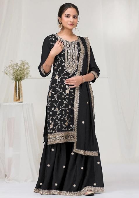 Black Embroidered Silk Salwar Kameez With Dupatta