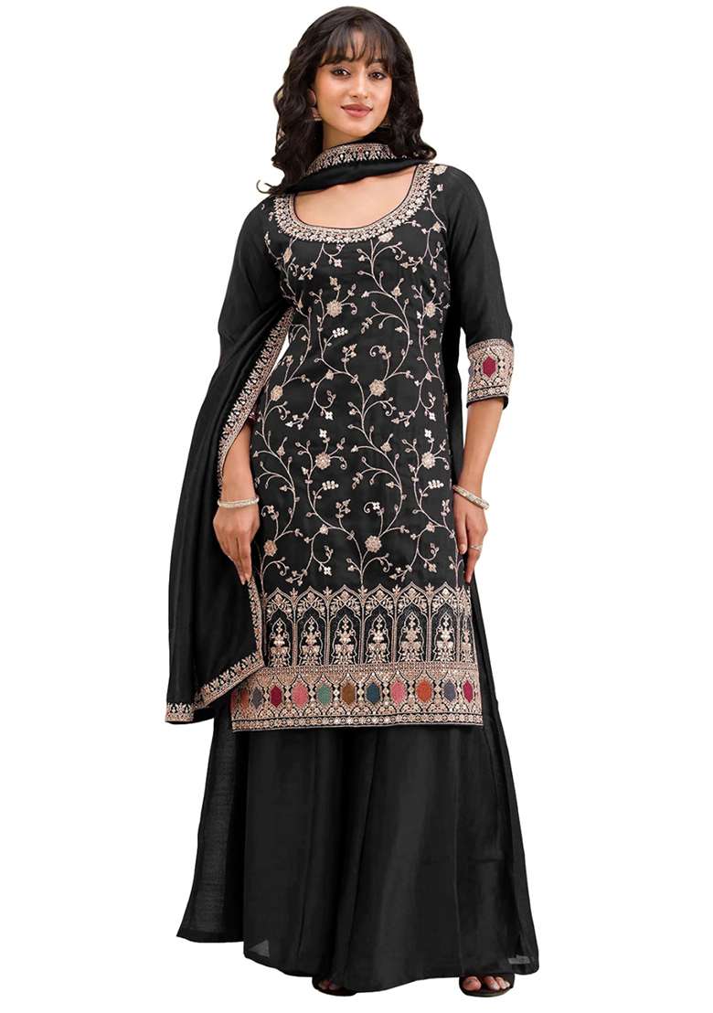Black Embroidered Silk Blend Sharara Set - Indya