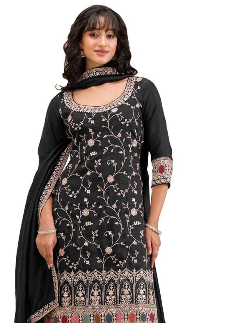 Black Embroidered Silk Salwar Kameez With Dupatta - Indya