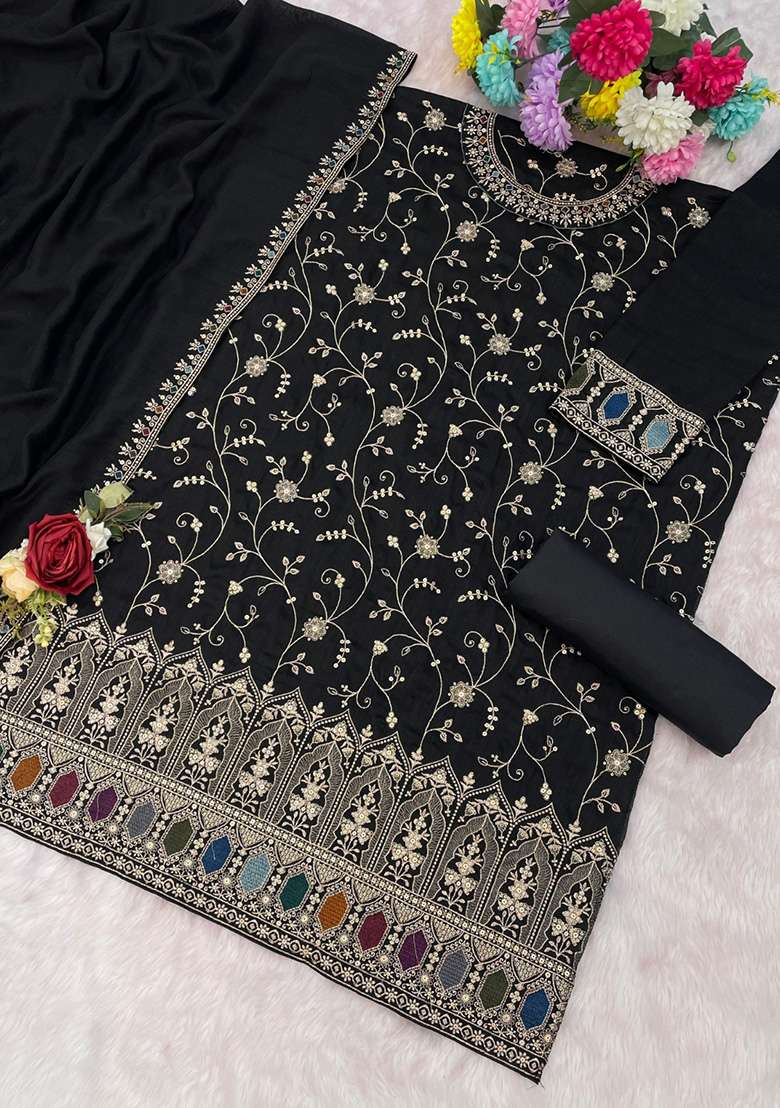 Black Embroidered Silk Blend Sharara Set - Indya