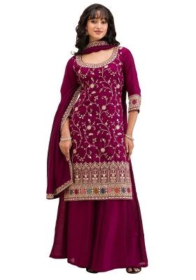 Maroon Embroidered Silk Salwar Kameez With Dupatta