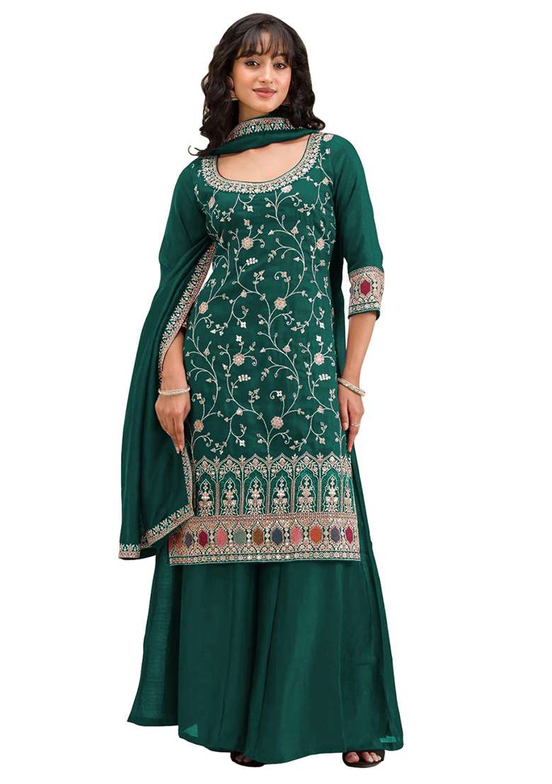 Dark Green Embroidered Silk Blend Sharara Set - Indya