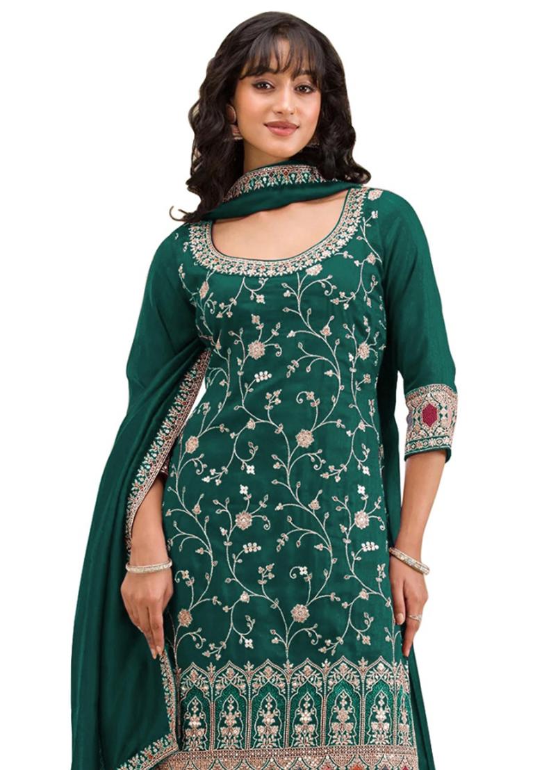Dark Green Embroidered Silk Salwar Kameez With Dupatta - Indya