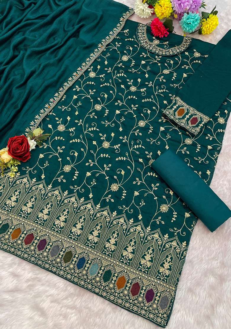 Dark Green Embroidered Silk Blend Sharara Set - Indya
