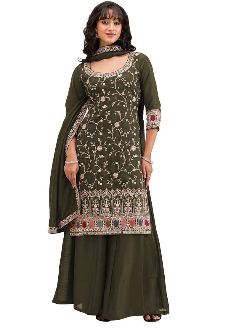 Mehendi Embroidered Silk Blend Sharara Set - Indya