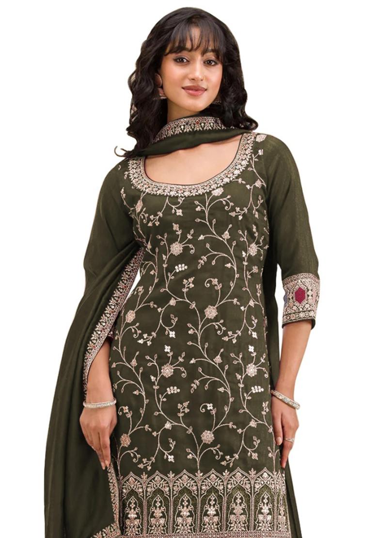 Mehendi Embroidered Silk Salwar Kameez With Dupatta - Indya