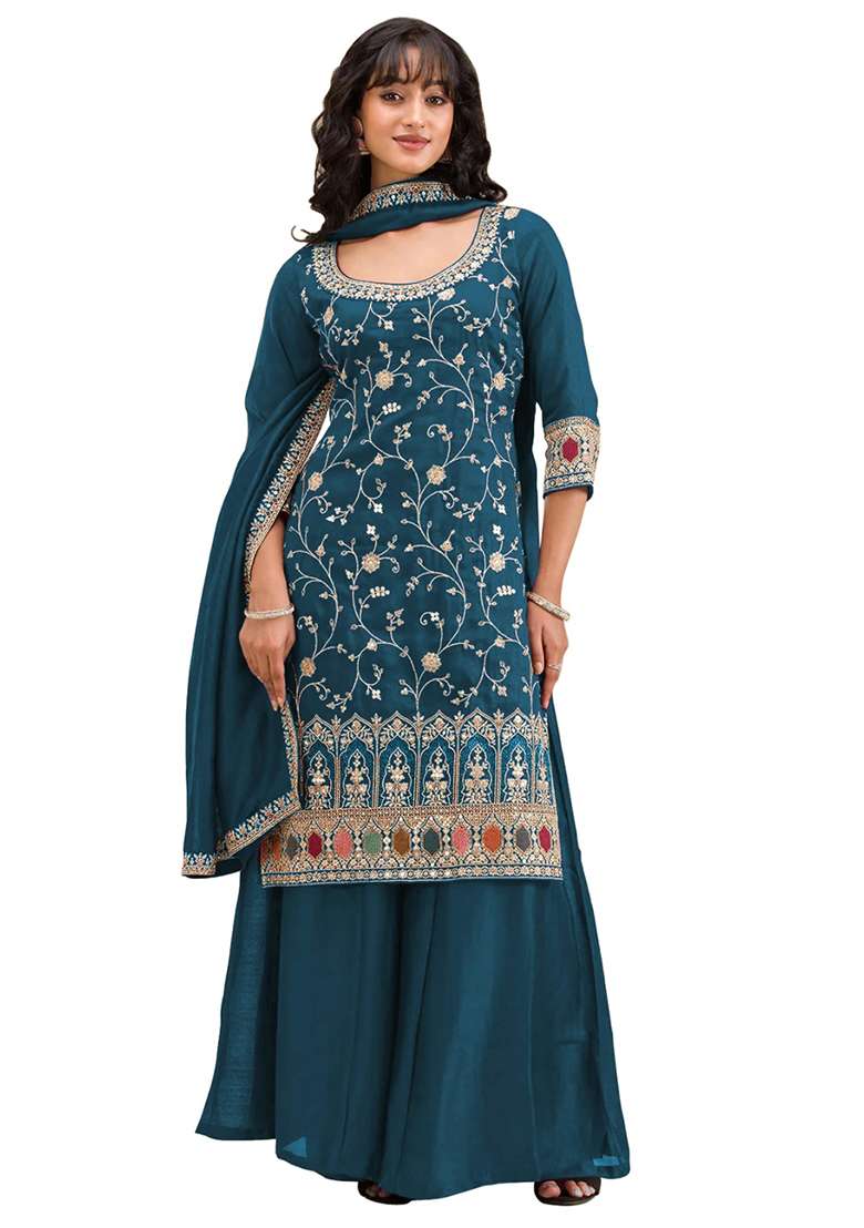Teal Blue Embroidered Silk Blend Sharara Set - Indya