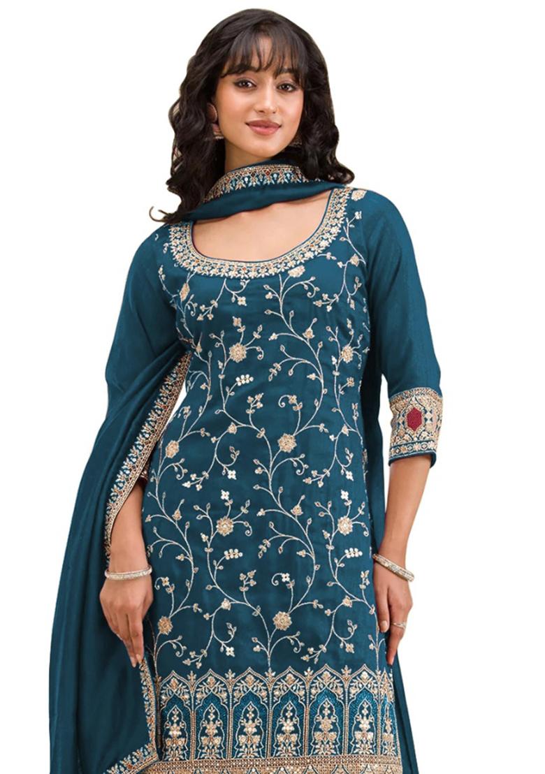 Teal Blue Embroidered Silk Salwar Kameez With Dupatta - Indya