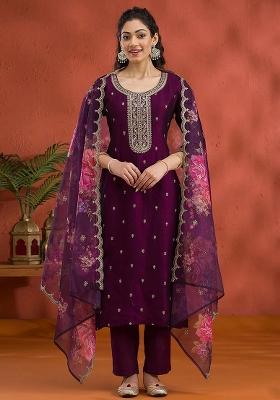 Wine Embroidered Silk Blend Salwar Kameez