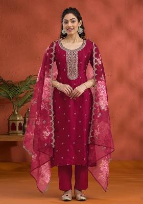 Maroon Embroidered Silk Blend Salwar Kameez