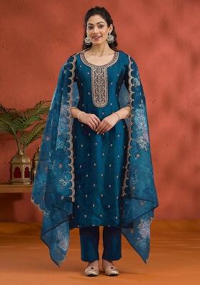 Blue Embroidered Silk Blend Salwar Kameez