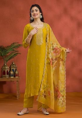 Yellow Embroidered Silk Blend Salwar Kameez