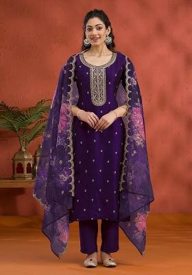 Indigo Embroidered Silk Blend Salwar Kameez