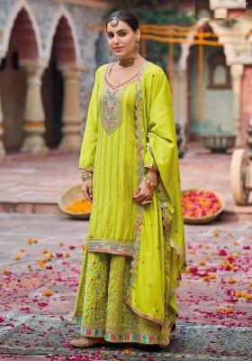 Green Embroidered Silk Blend Salwar Kameez