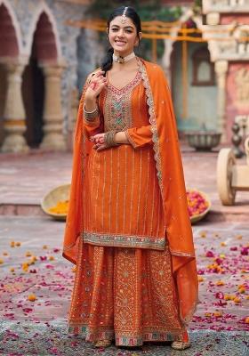 Orange Embroidered Silk Blend Salwar Kameez