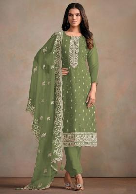 Olive Embroidered Silk Blend Salwar Kameez