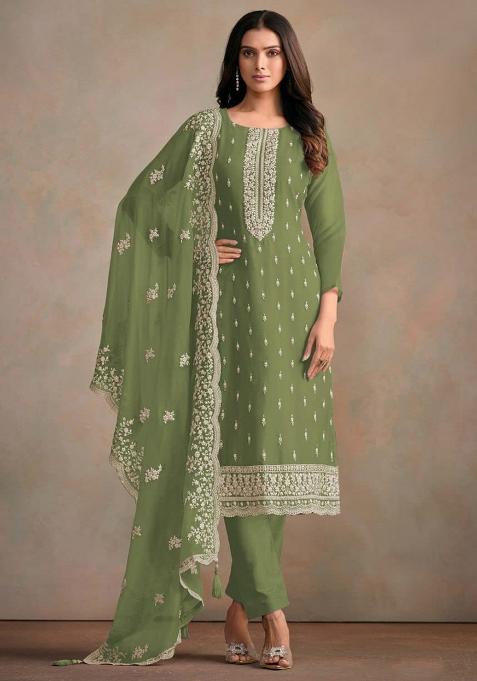 Olive Embroidered Silk Salwar Kameez